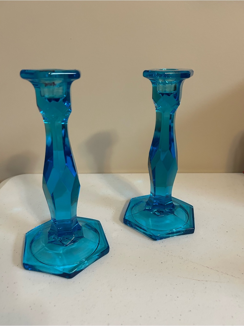 Blue Faceted Glass Candle Holders — Set of 2